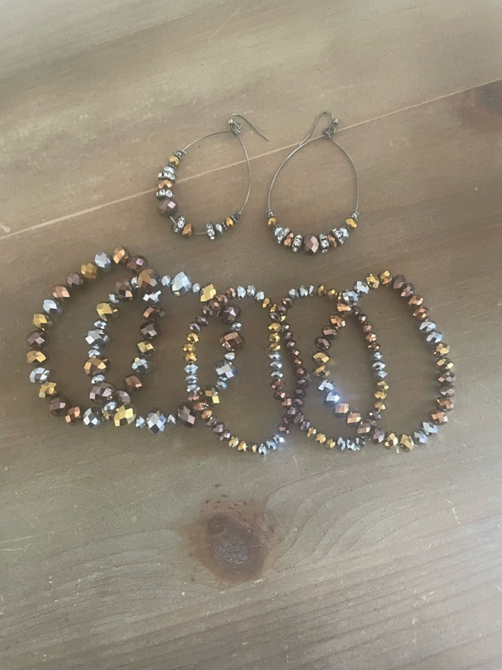 Crystal Bead Bracelet and Earrings Set - Gold, Bronze, Silver Tones